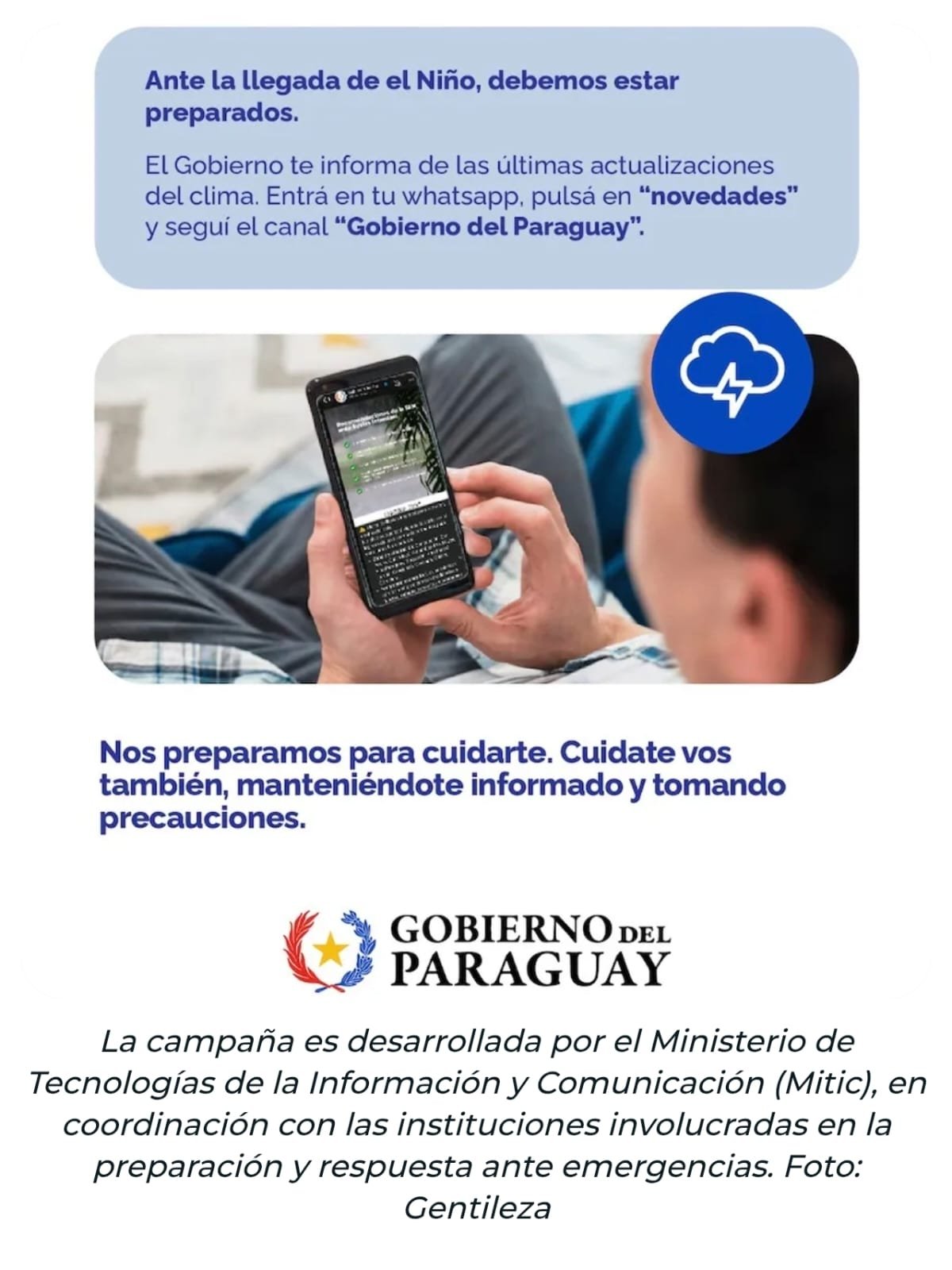 Campaña preventiva del Gobierno ante fenómenos severos, pronóstico de tormentas para Coronel Oviedo y Caaguazú, y canales de consulta